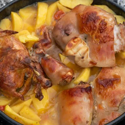 Peka croata, carne y verduras cocinadas bajo campana de hierro, plato tradicional de Dalmacia